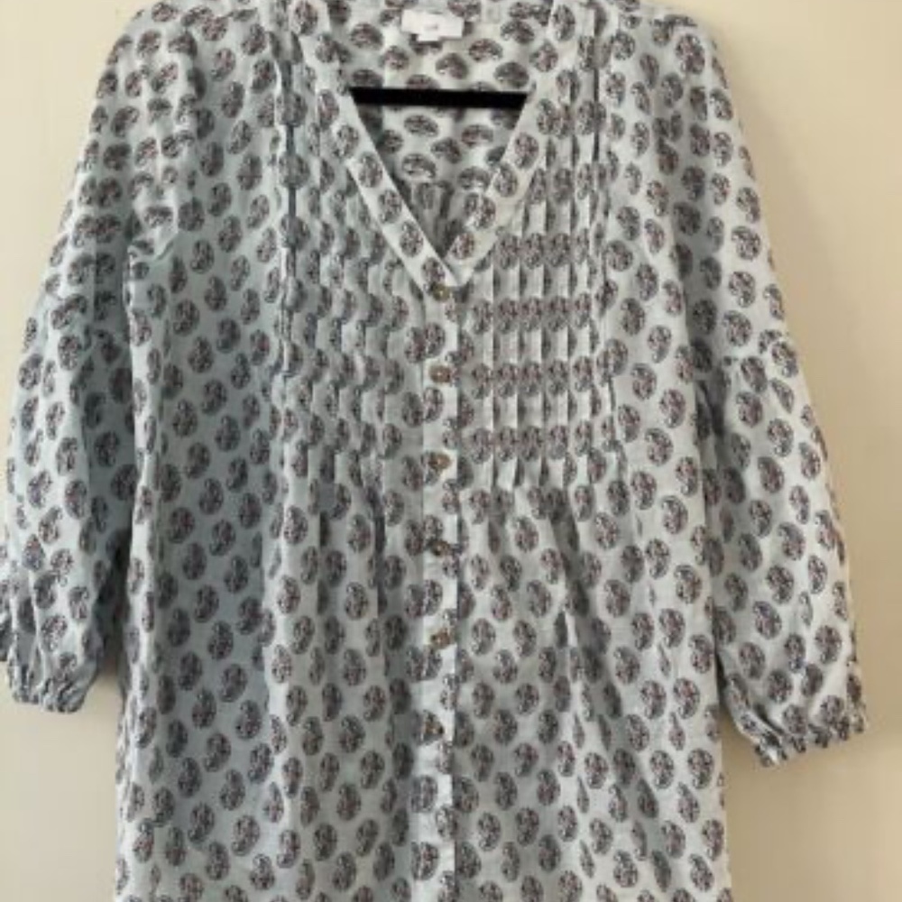 J.Jill Light Blue Madeira Pintuck Paisley Print Peasant Boho Blouse Top Size M